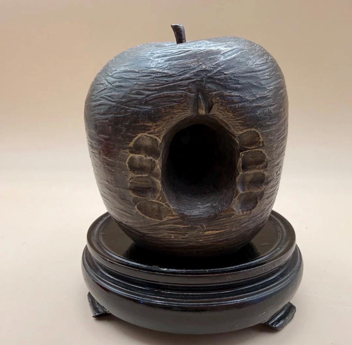 MCM Bronze Bitten Apple Sculpture on Carved Wood Base – Pop Art