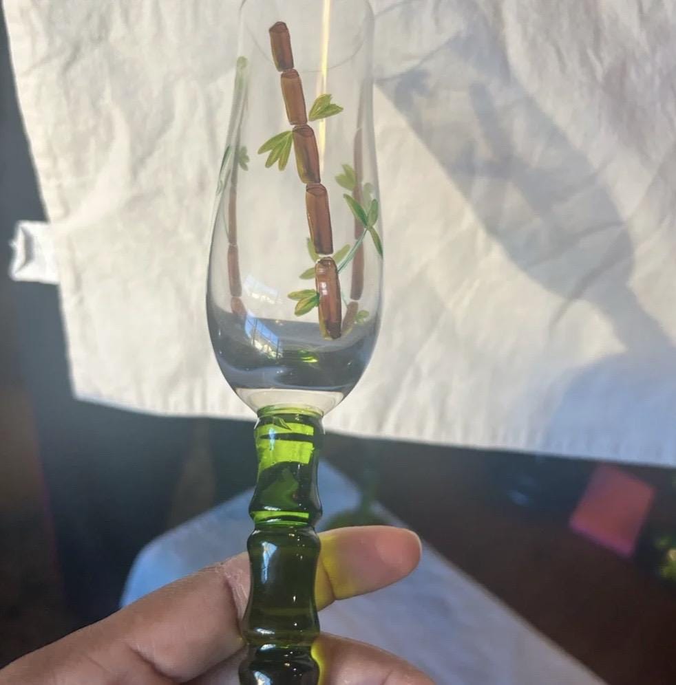 Vintage Hand Painted Bamboo Champagne Flutes, Green Ribbed Stem Glassware Set