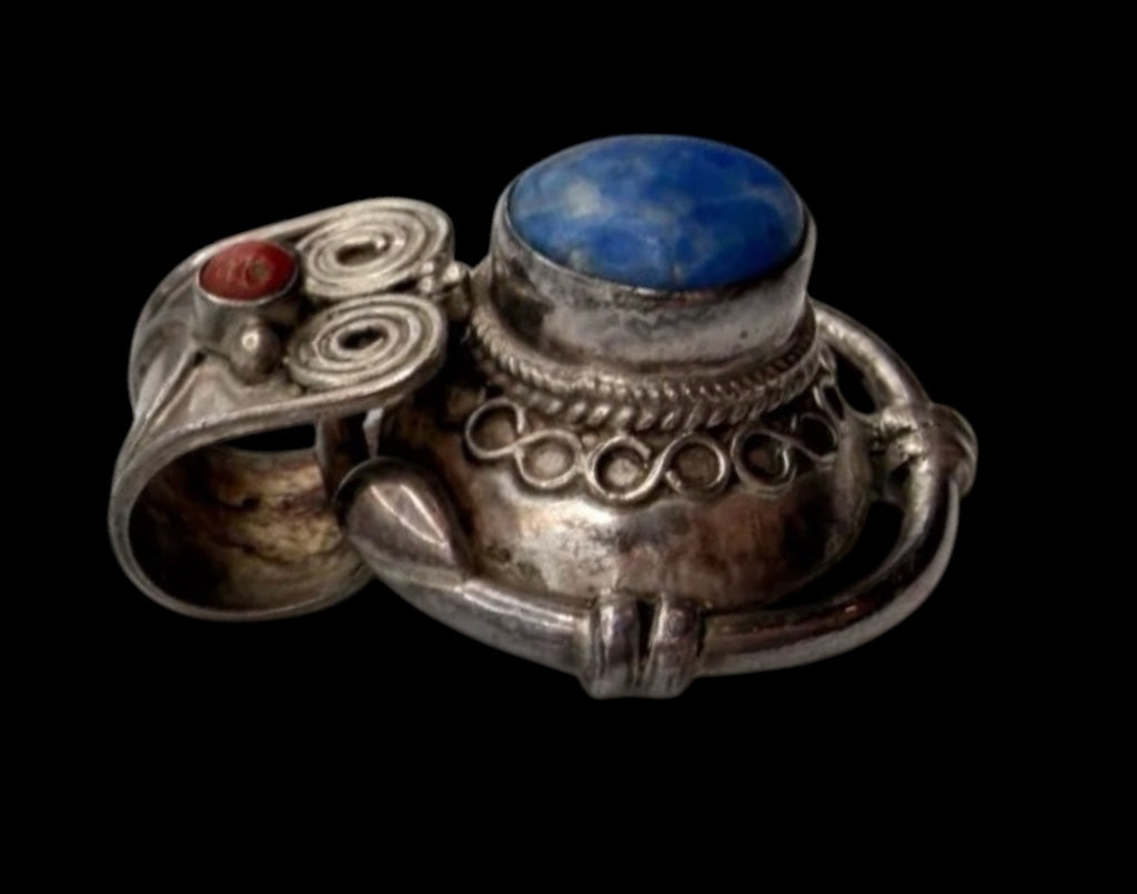 Vintage 925 Sterling Silver Tibetan Gau Amulet Pendant Lapis Coral Owl 17.3g