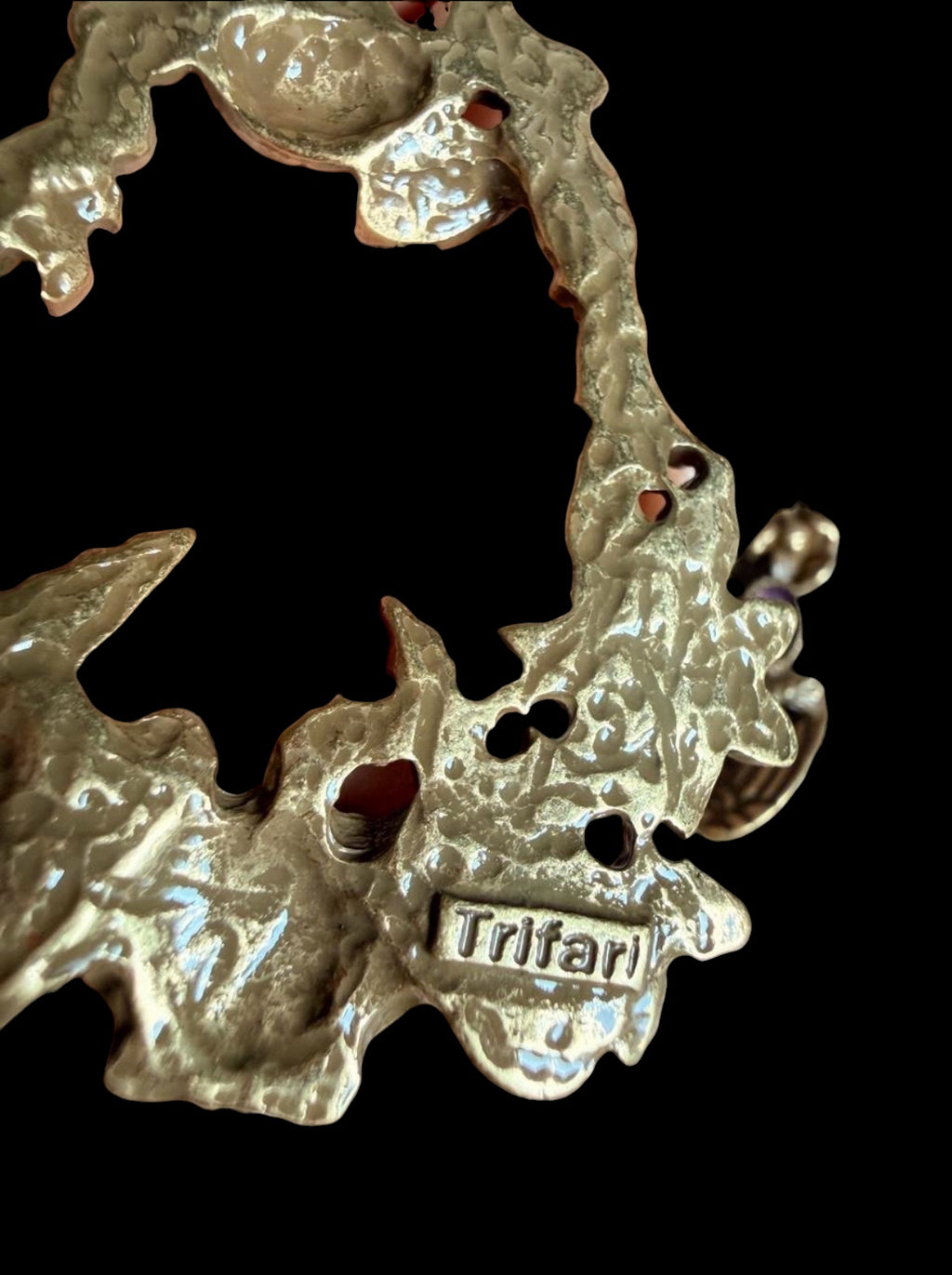 Vintage TRIFARI Hummingbird Wreath Drop Earrings — Enamel, Turquoise Cabochon, Figural Boho | 1970s