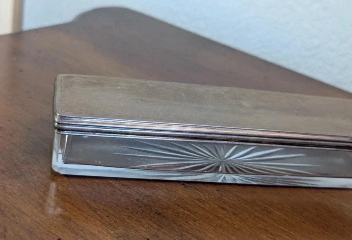 Antique 1925 Sterling Silver Cut Glass Vanity Box, Walker & Hall Engine Turned Hatpin Dressing Table Jar, George V English Hallmarked Silver