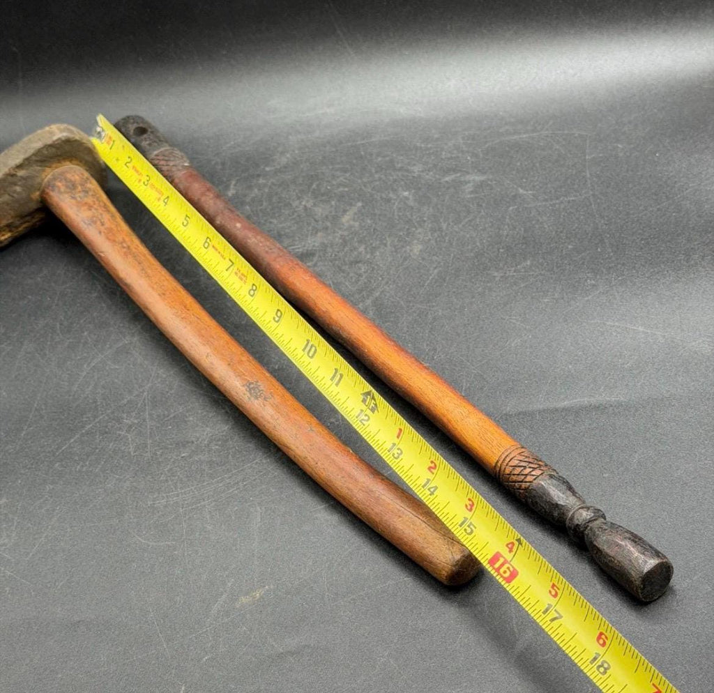 Vintage Benin African Wood Carving Tools - MCM Hand Adze & Carved Mallet Set