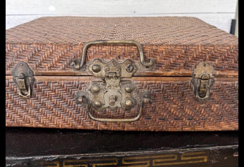 Vintage Asian Woven Rattan & Wood Storage Trunk Chest Brass Hardware Case
