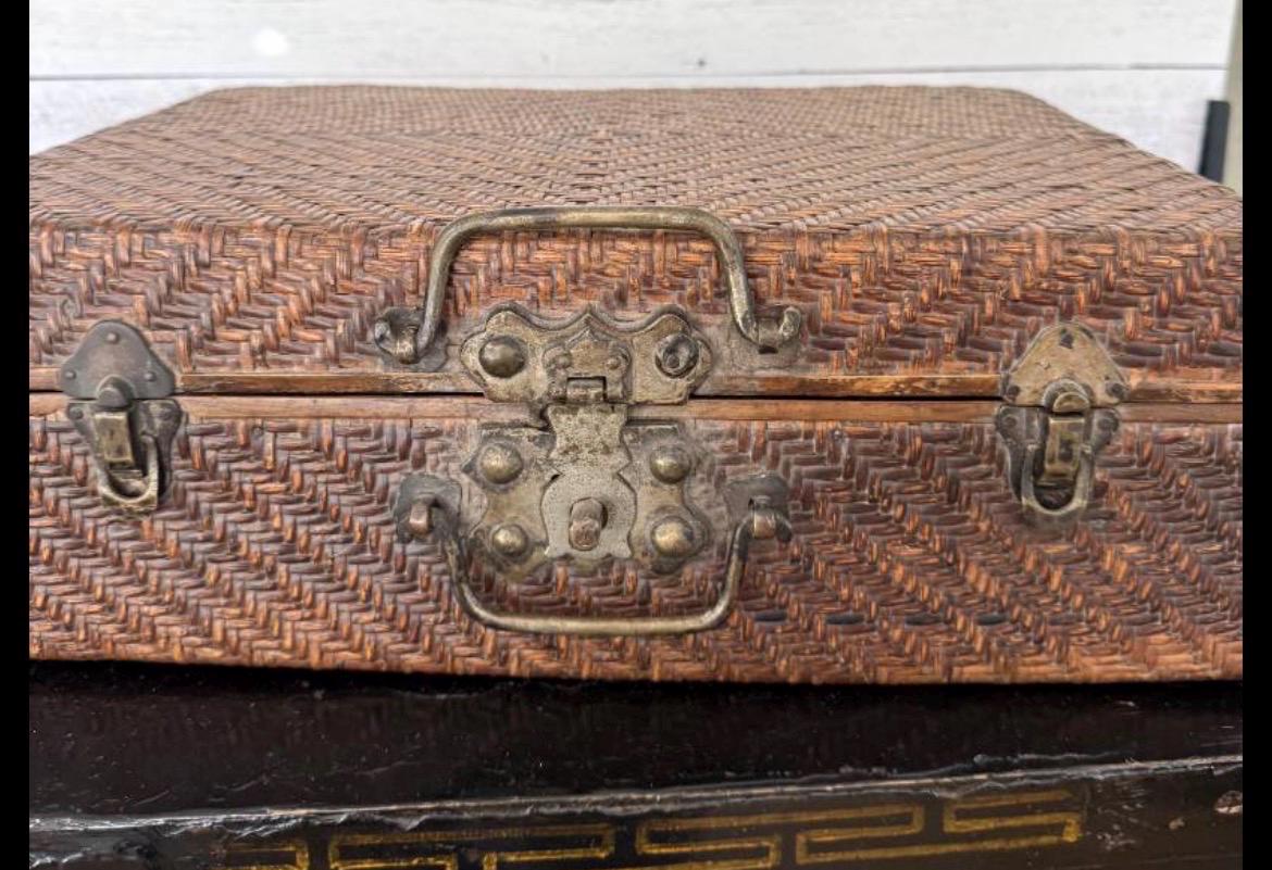 Vintage Asian Woven Rattan & Wood Storage Trunk Chest Brass Hardware Case