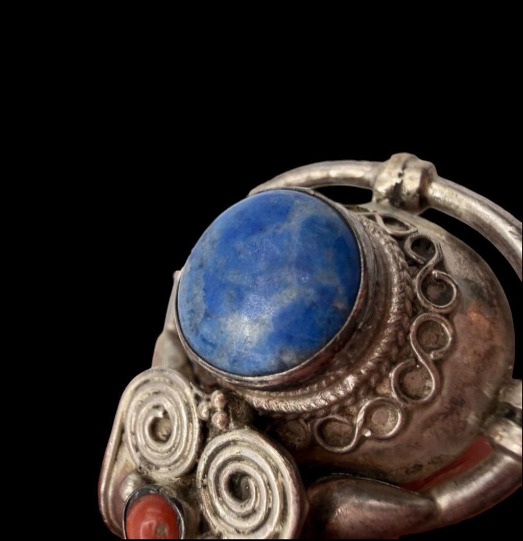 Vintage 925 Sterling Silver Tibetan Gau Amulet Pendant Lapis Coral Owl 17.3g