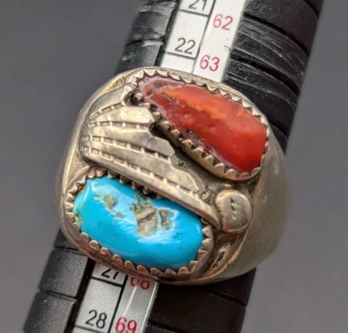 Heavy Vintage Old Pawn Men’s Ring - Turquoise & Red Coral - Size 11.5 - 20.76g