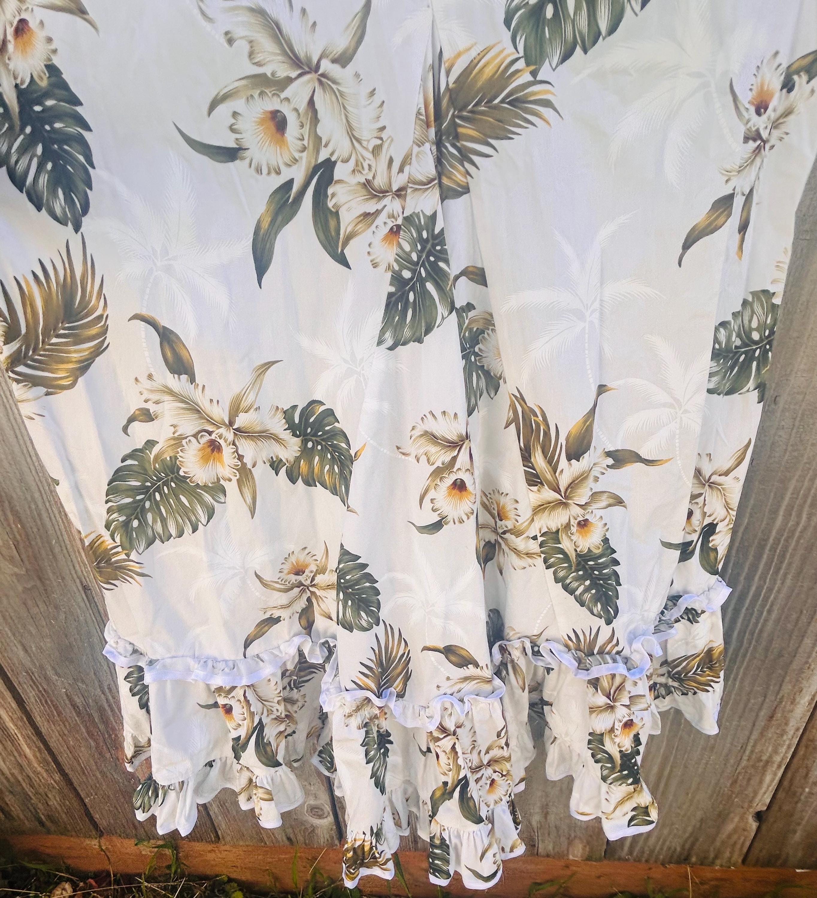 Vintage MAHALO Hawaiian Muumuu Dress White Tropical Floral Ruffle Mermaid Small
