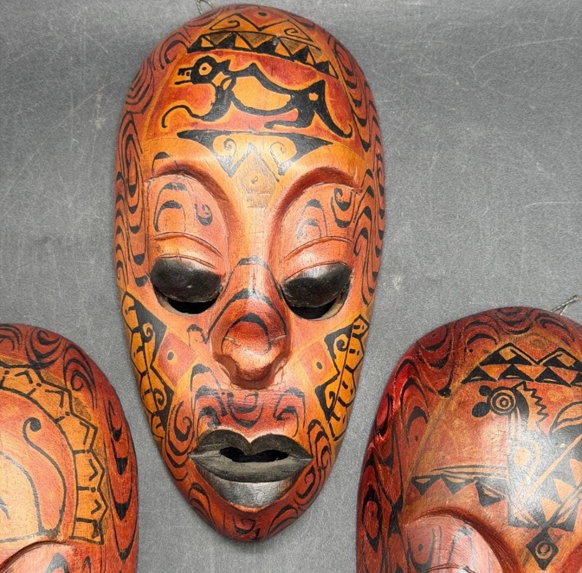 Set of 3 Vintage Hand-Carved Wooden Masks | Indonesian Tribal Wall Decor