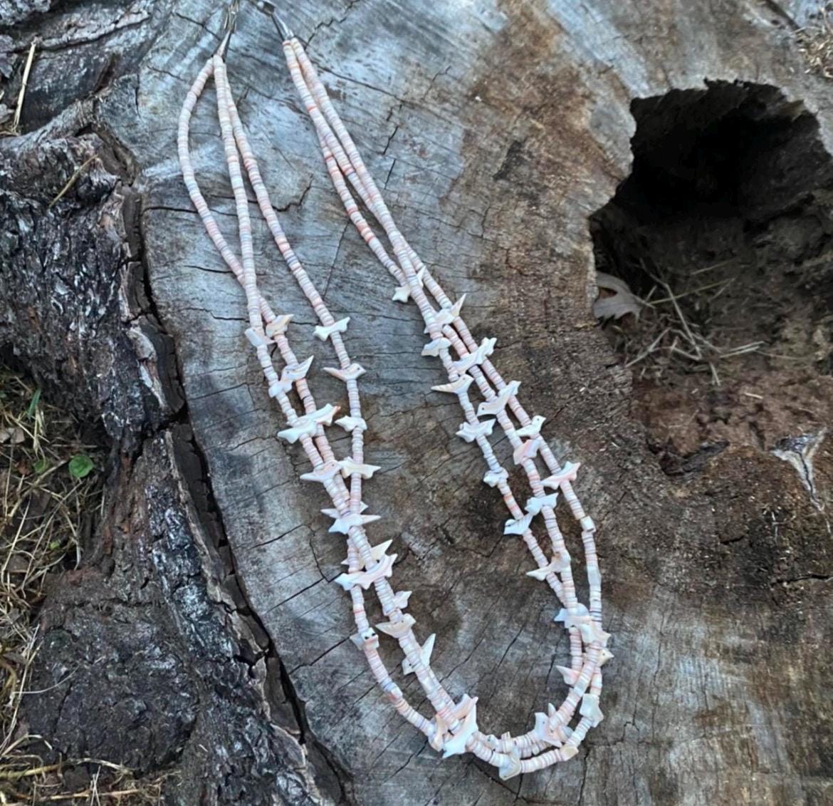 Vtg 3-Strand Animal Fetish Necklace Shell Heishi Sterling Cones |25 Inch