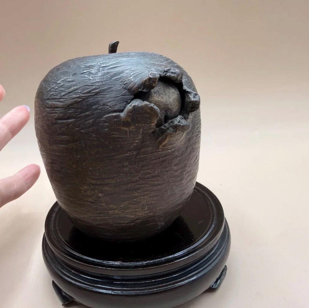 MCM Bronze Bitten Apple Sculpture on Carved Wood Base – Pop Art