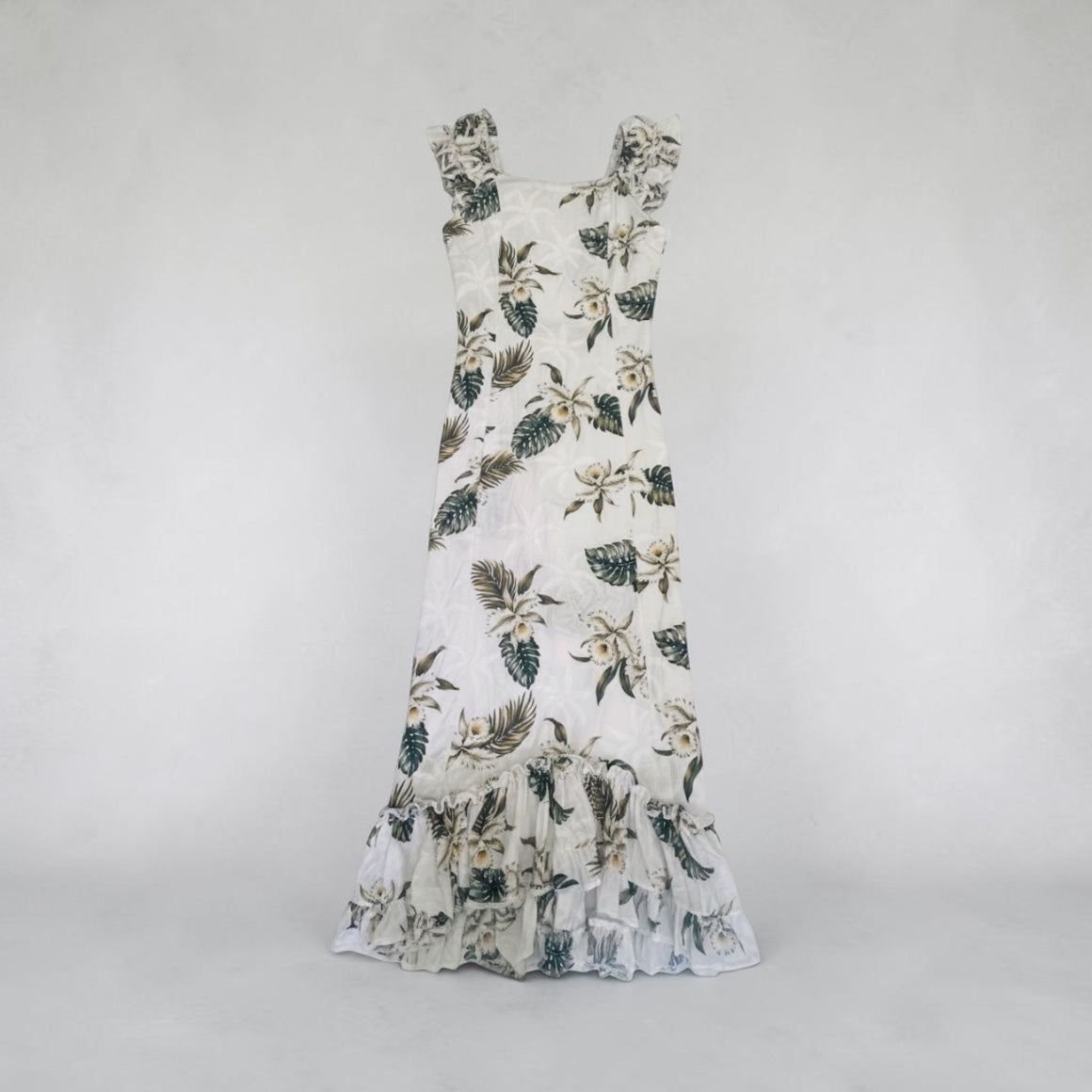 Vintage MAHALO Hawaiian Muumuu Dress White Tropical Floral Ruffle Mermaid Small