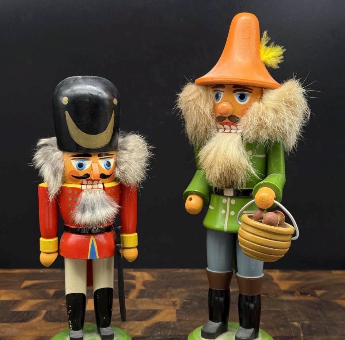 Vintage German Nutcrackers Pair, Erzgebirge Wooden Mushroom Picker and Toy Soldier, Authentic GDR East Germany Christmas Decor, Set of 2