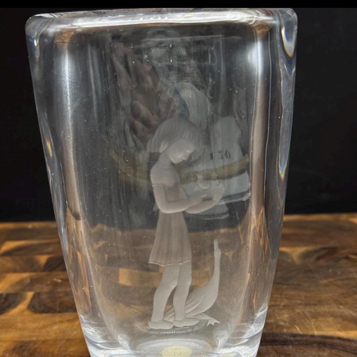 Vintage Orrefors Sweden Crystal "Goose Girl" Vase Sven Palmqvist 2578 Etched