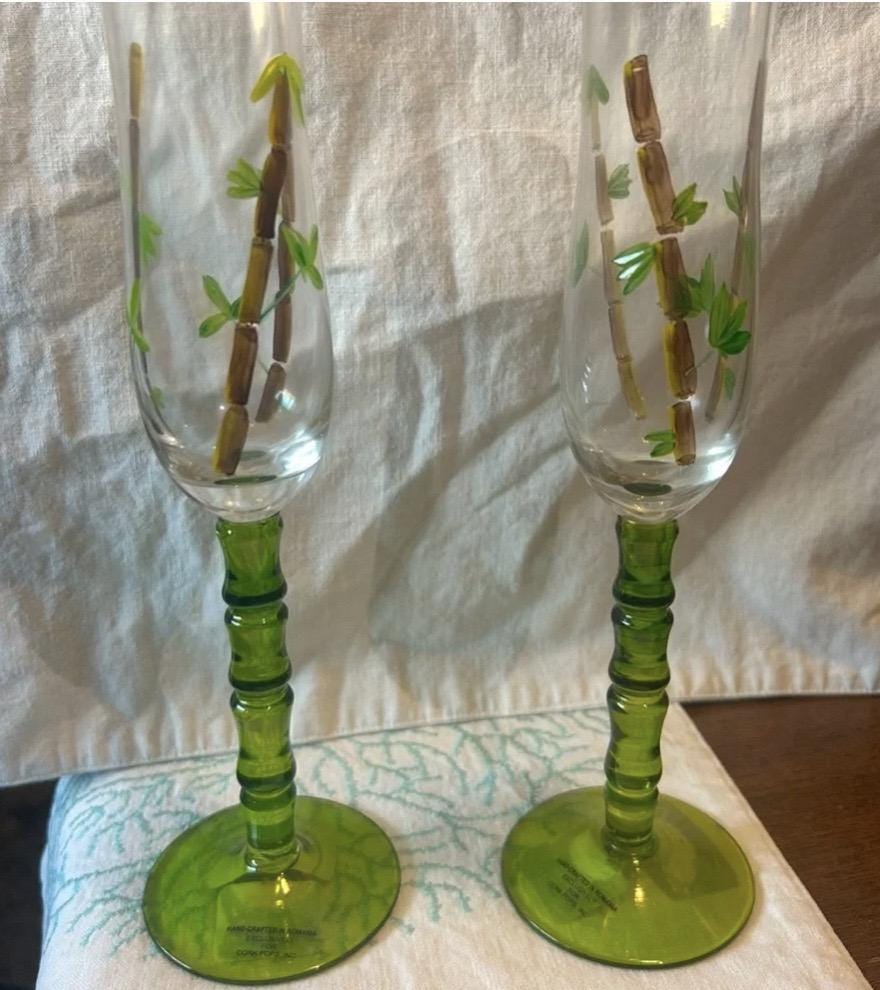 Vintage Hand Painted Bamboo Champagne Flutes, Green Ribbed Stem Glassware Set