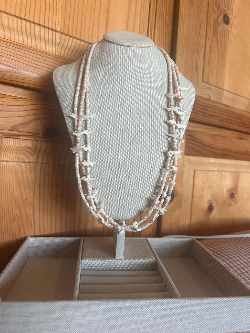 Vtg 3-Strand Animal Fetish Necklace Shell Heishi Sterling Cones |25 Inch