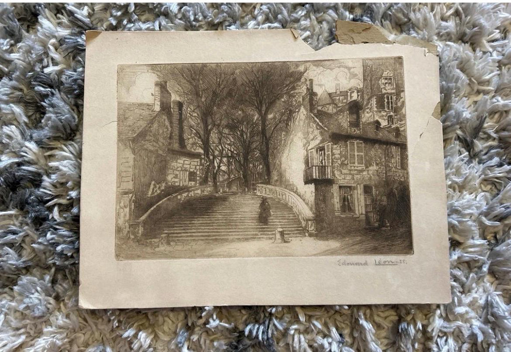 Edouard-Henri Leon Original Etching 1921 Signed French Cityscape Street Scene