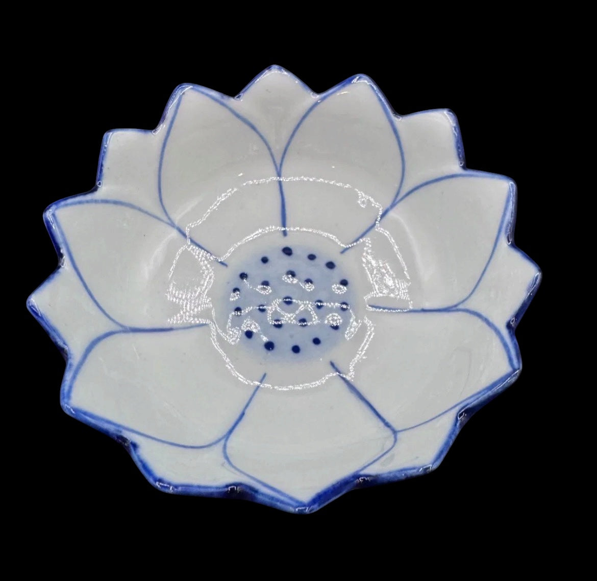 Hand-Painted Thai Blue & White Lotus Bowl & Vase Set