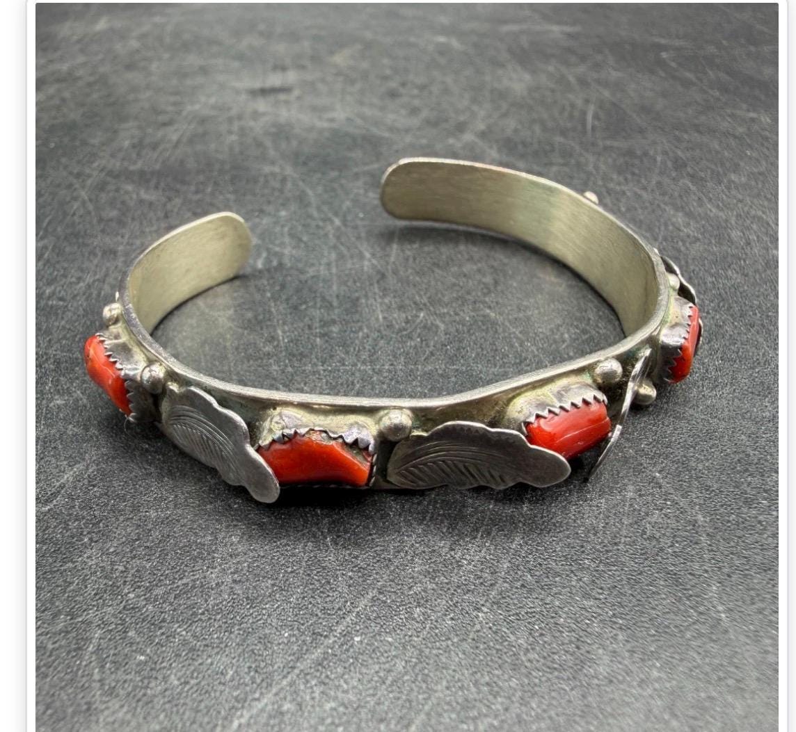 Vintage Navajo M. PAYTON Sterling Silver & Red Coral Cuff Bracelet 24.8g Signed