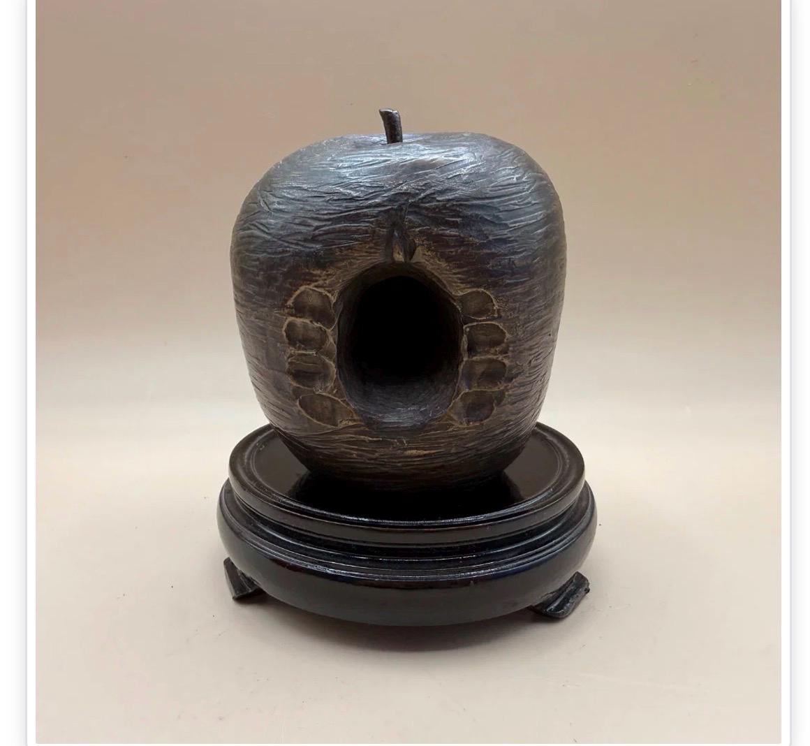 MCM Bronze Bitten Apple Sculpture on Carved Wood Base – Pop Art