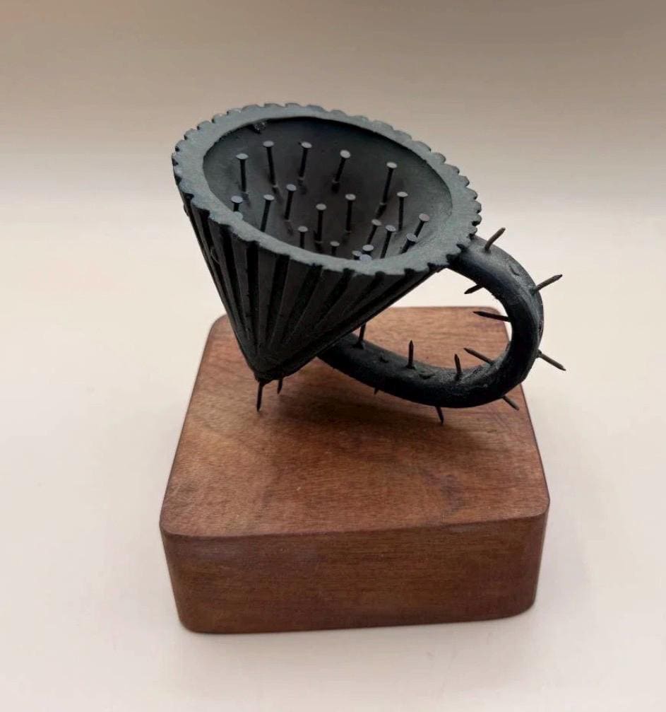 Brutalist Bronze Nail Mug Sculpture – Mid-Century Modern Walnut Base Deco