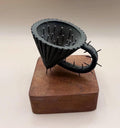 Brutalist Bronze Nail Mug Sculpture – Mid-Century Modern Walnut Base Deco