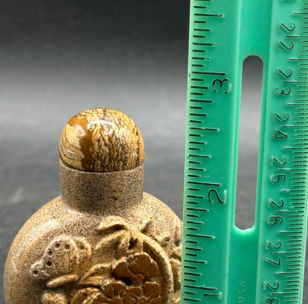 Vintage Hand-Carved Stone Chinese Snuff Bottle - Basket of Flowers - 2.5”