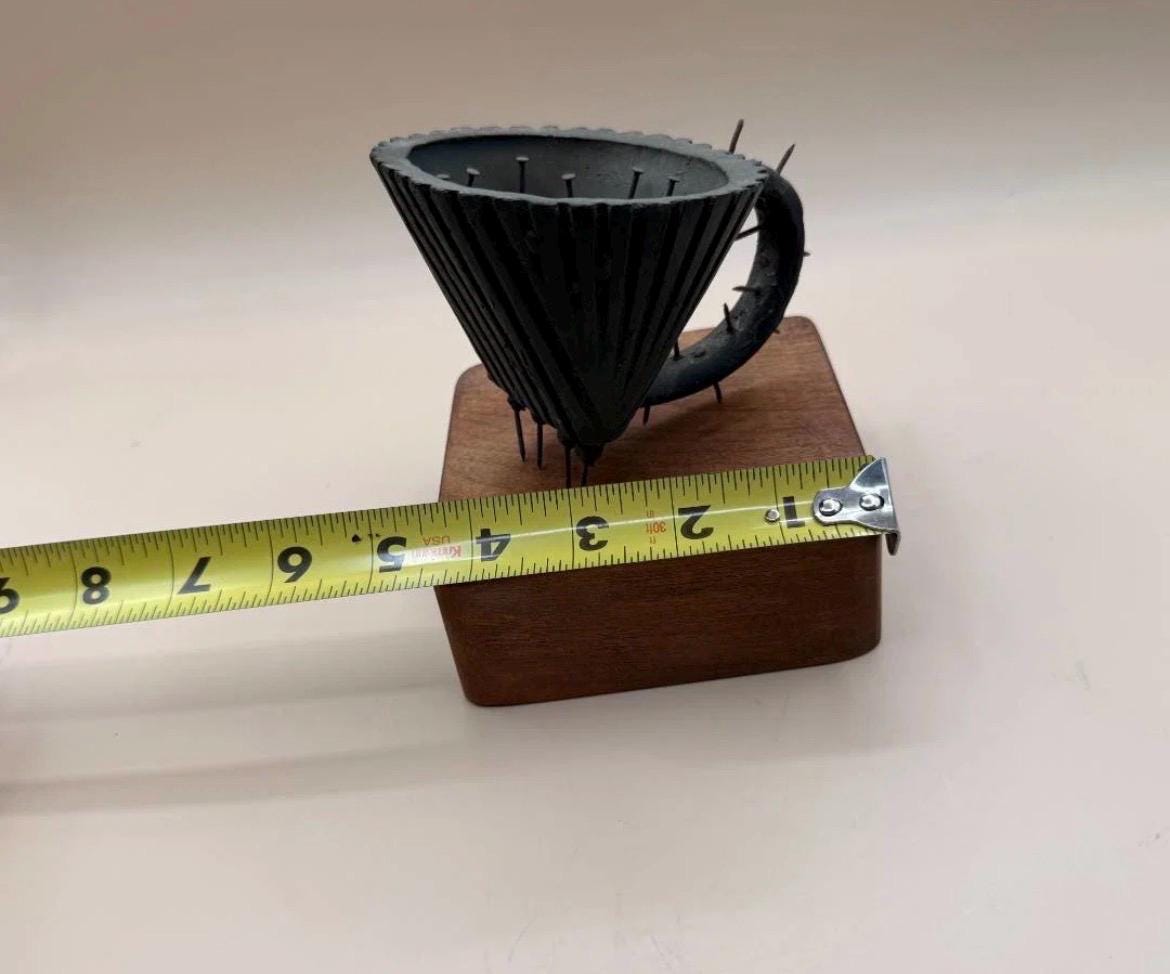 Brutalist Bronze Nail Mug Sculpture – Mid-Century Modern Walnut Base Deco