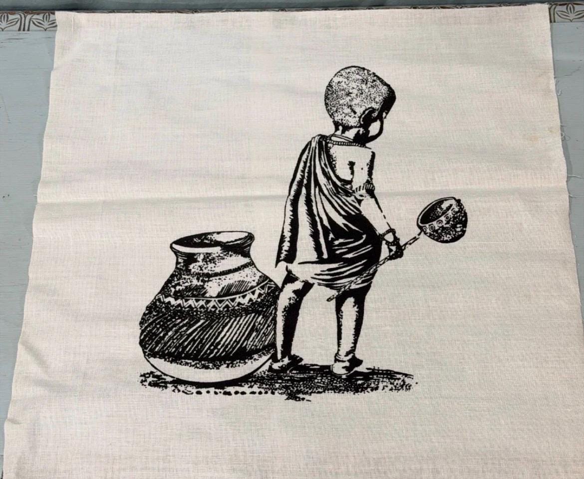 Vintage Mid-Century Maasai Folk Art Set - 4 Hand-Printed Linen Wall Hangings