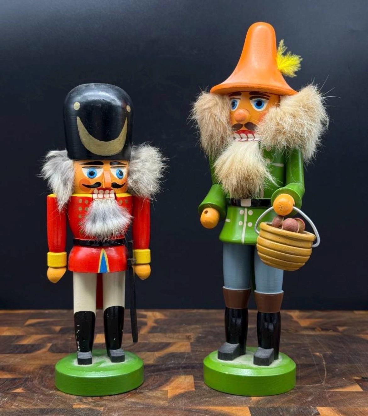 Vintage German Nutcrackers Pair, Erzgebirge Wooden Mushroom Picker and Toy Soldier, Authentic GDR East Germany Christmas Decor, Set of 2