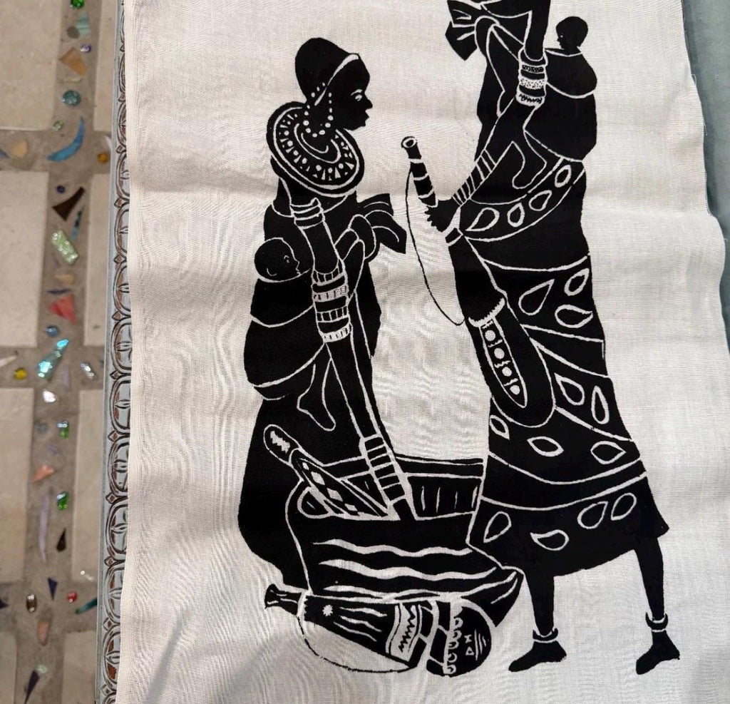 Vintage Mid-Century Maasai Folk Art Set - 4 Hand-Printed Linen Wall Hangings