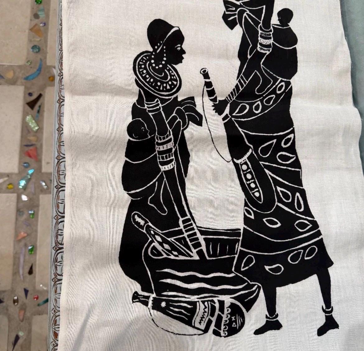 Vintage Mid-Century Maasai Folk Art Set - 4 Hand-Printed Linen Wall Hangings
