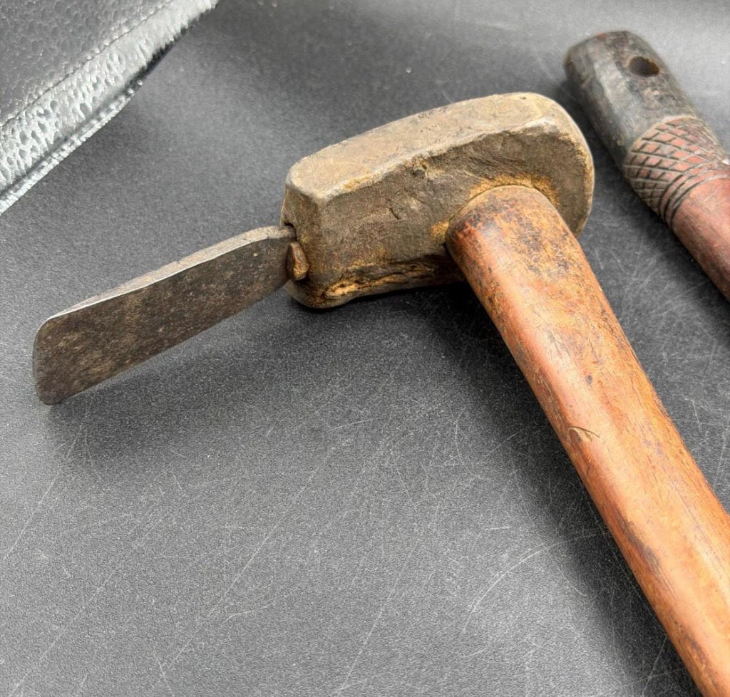 Vintage Benin African Wood Carving Tools - MCM Hand Adze & Carved Mallet Set