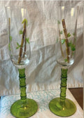 Vintage Hand Painted Bamboo Champagne Flutes, Green Ribbed Stem Glassware Set