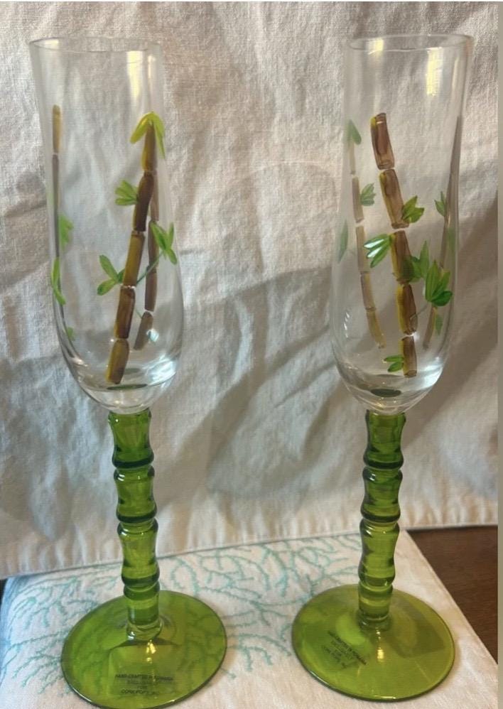Vintage Hand Painted Bamboo Champagne Flutes, Green Ribbed Stem Glassware Set