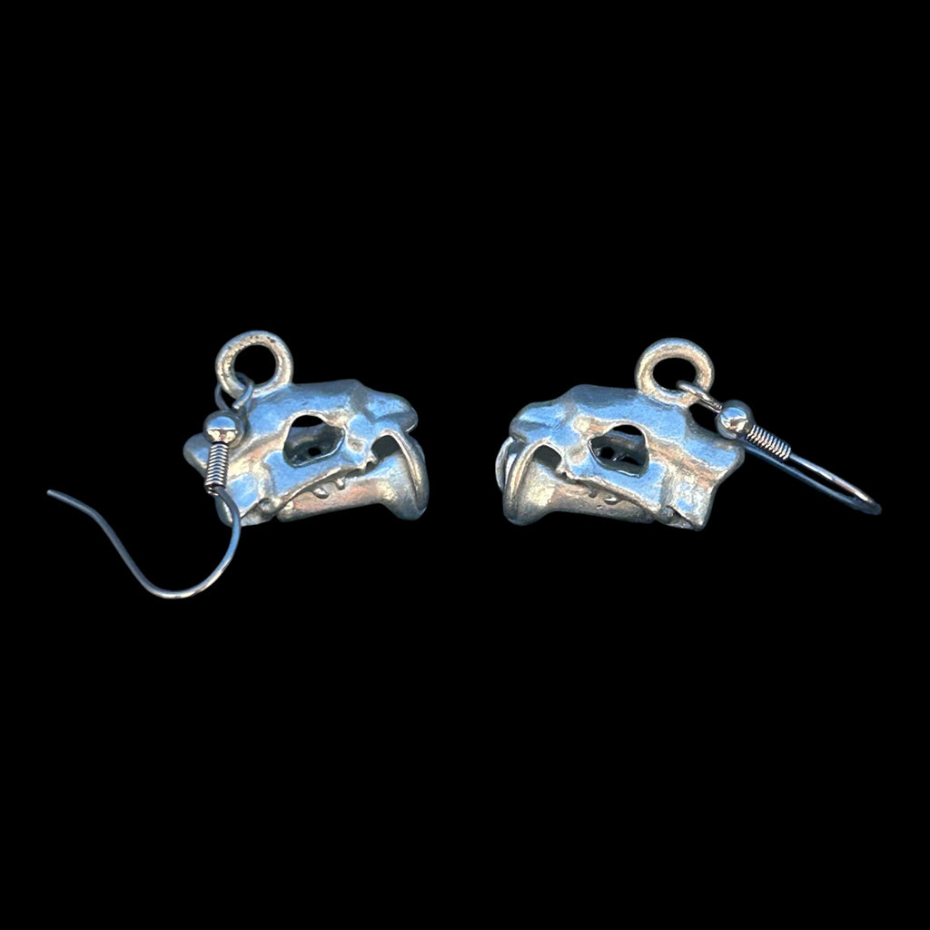 Sabertooth Tiger Skull Dangle Earrings — White Bronze & Sterling Silver | Paleontological Art Jewelry