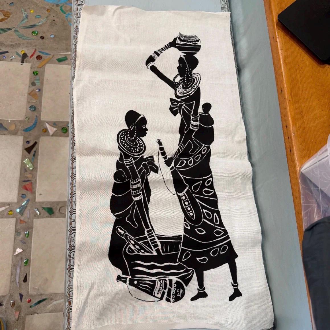 Vintage Mid-Century Maasai Folk Art Set - 4 Hand-Printed Linen Wall Hangings