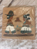 Vintage Navajo Sand Painting "Navajo Boy & Girl" by Mary Lou Peshlakai, Deadstock Sealed Mid Century Southwest Folk Art, 8x8 Native American