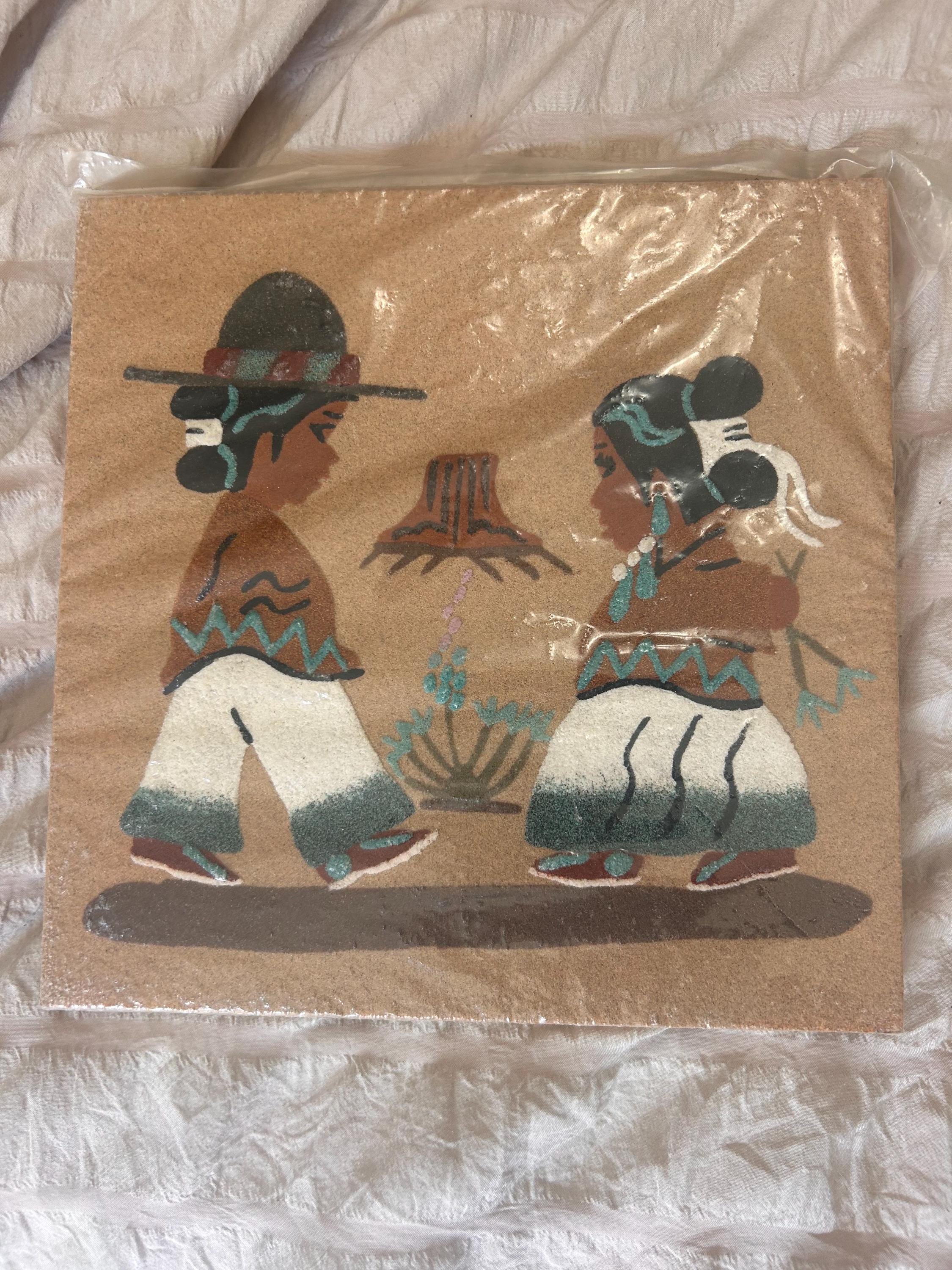 Vintage Navajo Sand Painting "Navajo Boy & Girl" by Mary Lou Peshlakai, Deadstock Sealed Mid Century Southwest Folk Art, 8x8 Native American