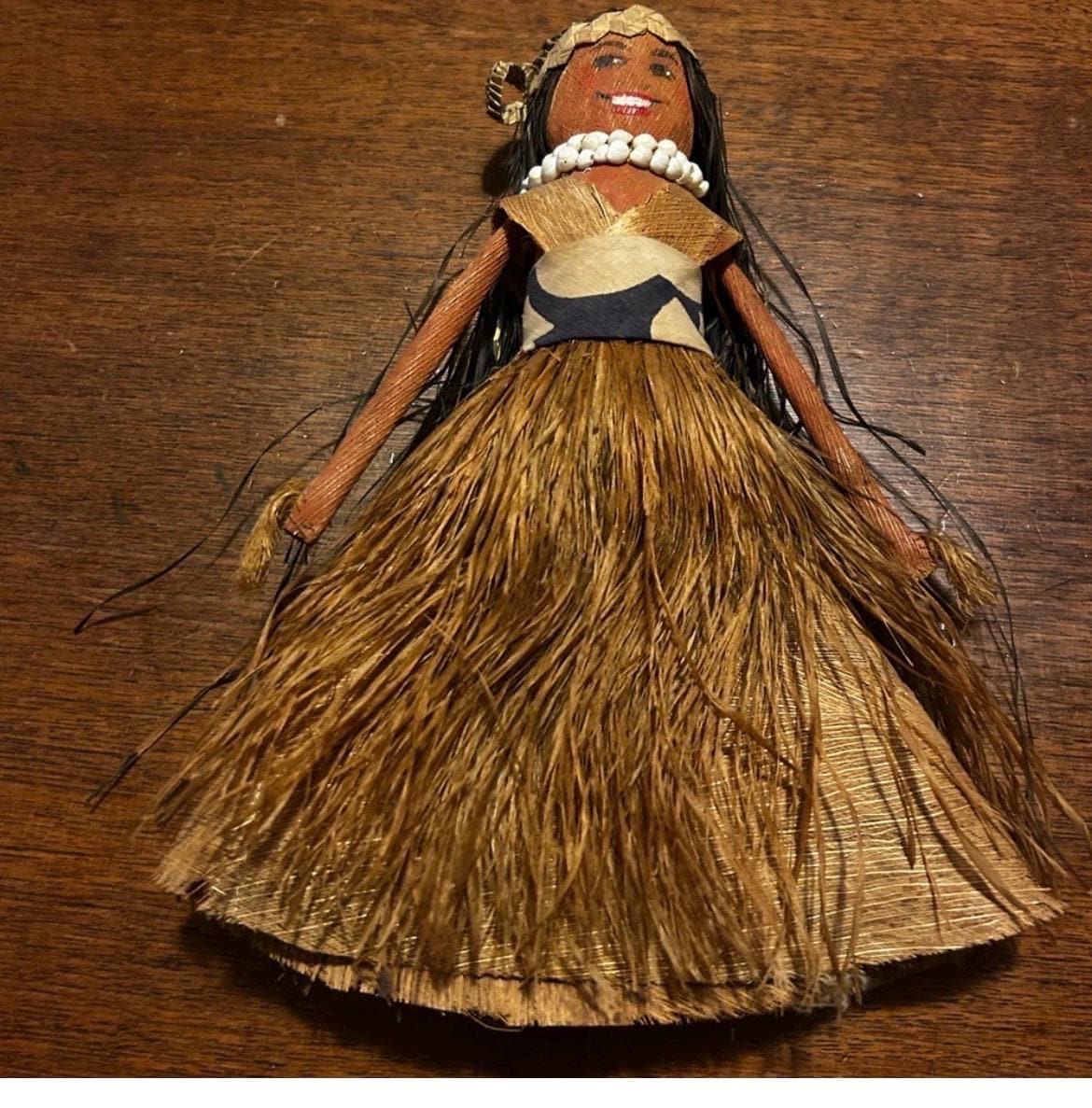 Vintage Mid Century Hawaiian Hula Doll 11" Tapa Cloth Grass Skirt Tiki Decor