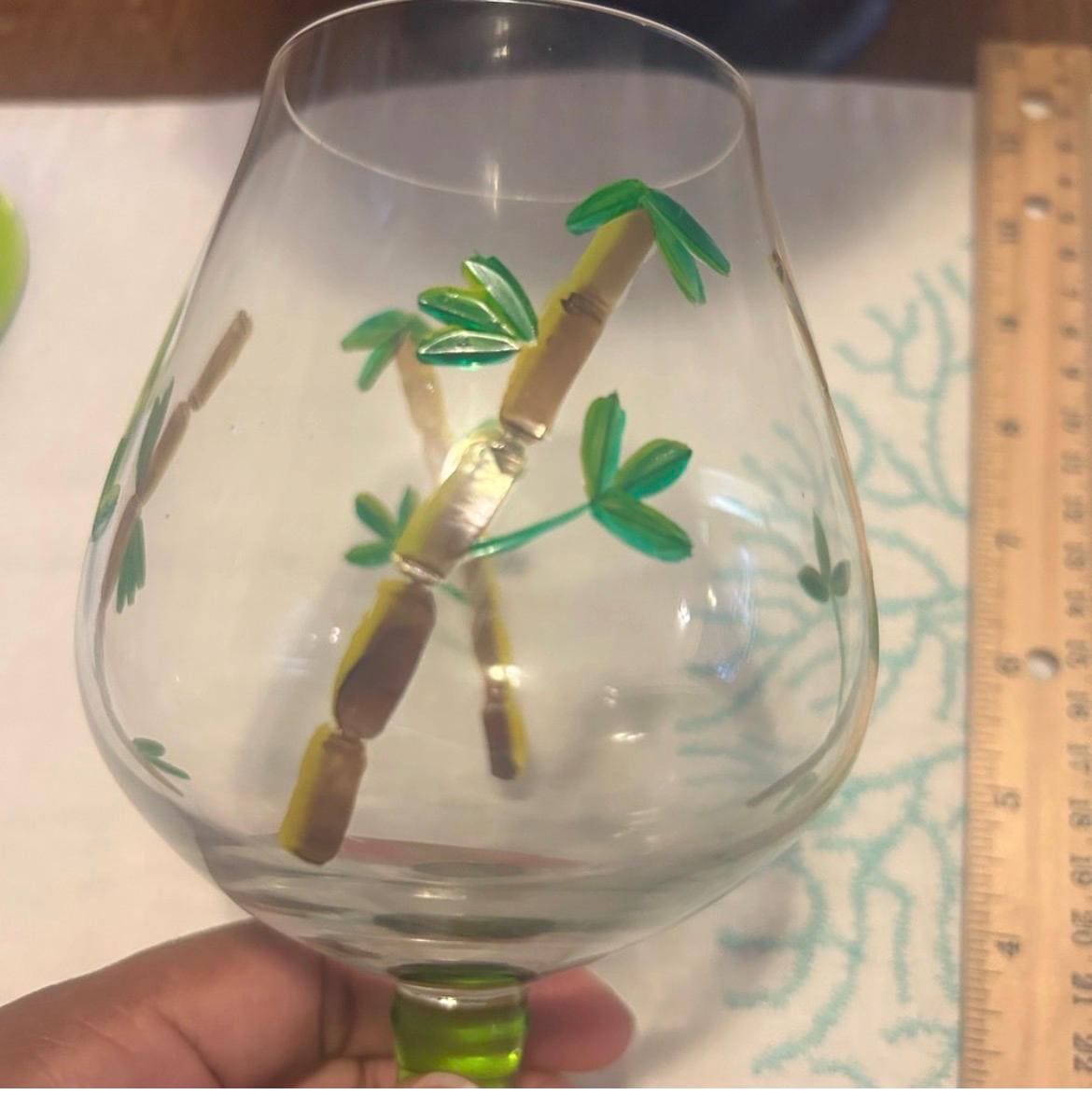 Set of 2 Hand Painted Bamboo Wine Glasses, Romanian Tiki Barware Goblets