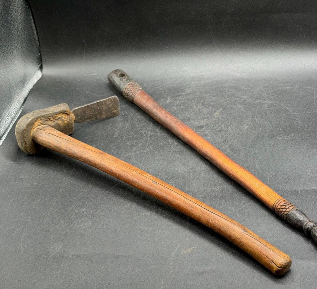 Vintage Benin African Wood Carving Tools - MCM Hand Adze & Carved Mallet Set