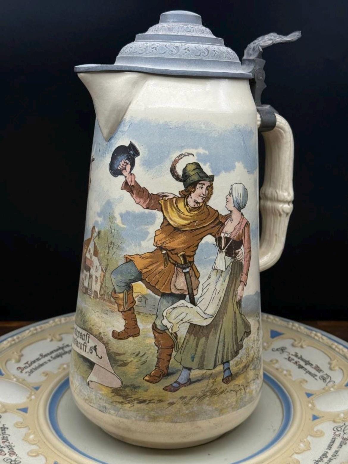 Antique 1899 Mettlach Villeroy & Boch 3.3L Master Pitcher and Charger Set, German Breweriana Stoneware #2348 #2087, Turn of the Century Gift