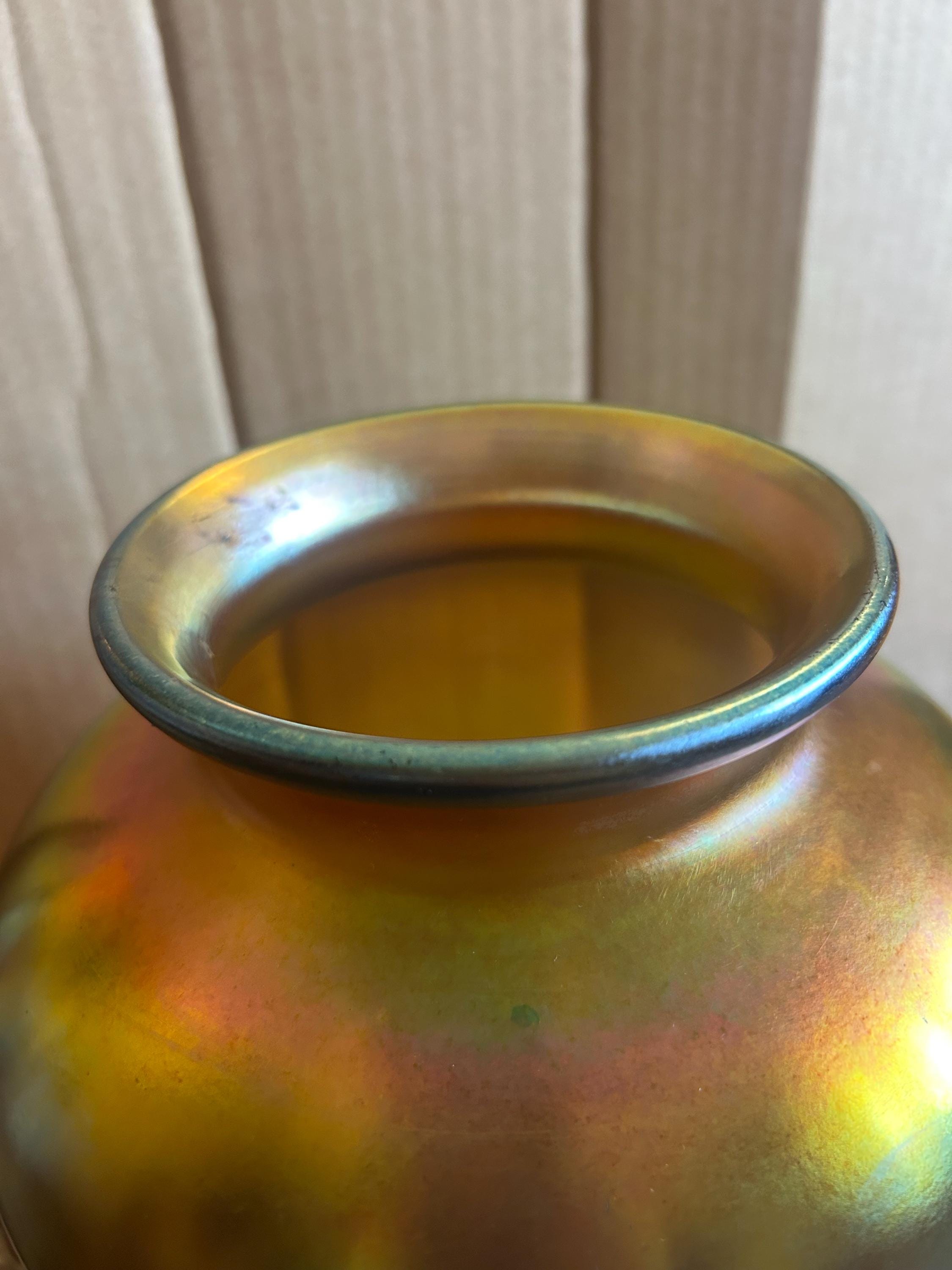 Antique Steuben Gold Aurene Art Glass Vase Shape 2683 Signed Frederick Carder c 1910, 8 Inch Iridescent Gold Favrile Glass Swollen Shoulder