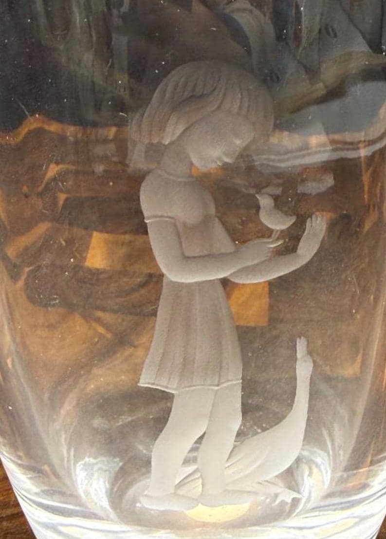 Vintage Orrefors Sweden Crystal "Goose Girl" Vase Sven Palmqvist 2578 Etched