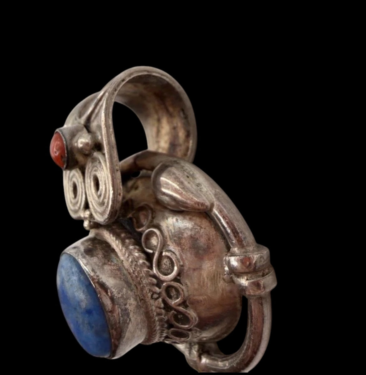 Vintage 925 Sterling Silver Tibetan Gau Amulet Pendant Lapis Coral Owl 17.3g