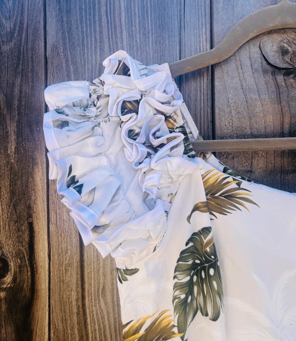 Vintage MAHALO Hawaiian Muumuu Dress White Tropical Floral Ruffle Mermaid Small