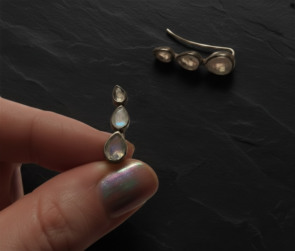 925 Sterling Silver Rainbow Moonstone Tear Drop Ear Climber Crawler Earrings 2”