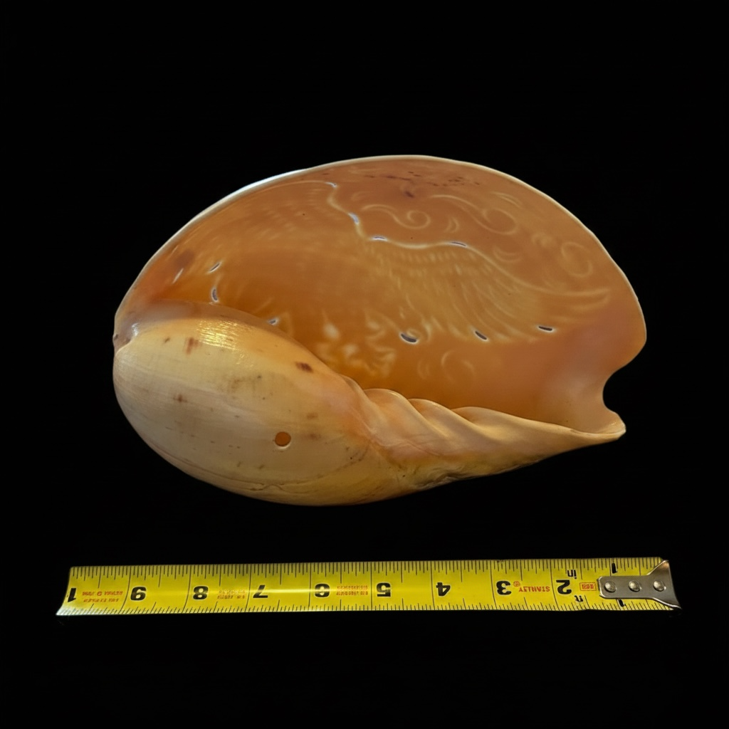 Large Carved Melo Melo Shell with Bird Motif