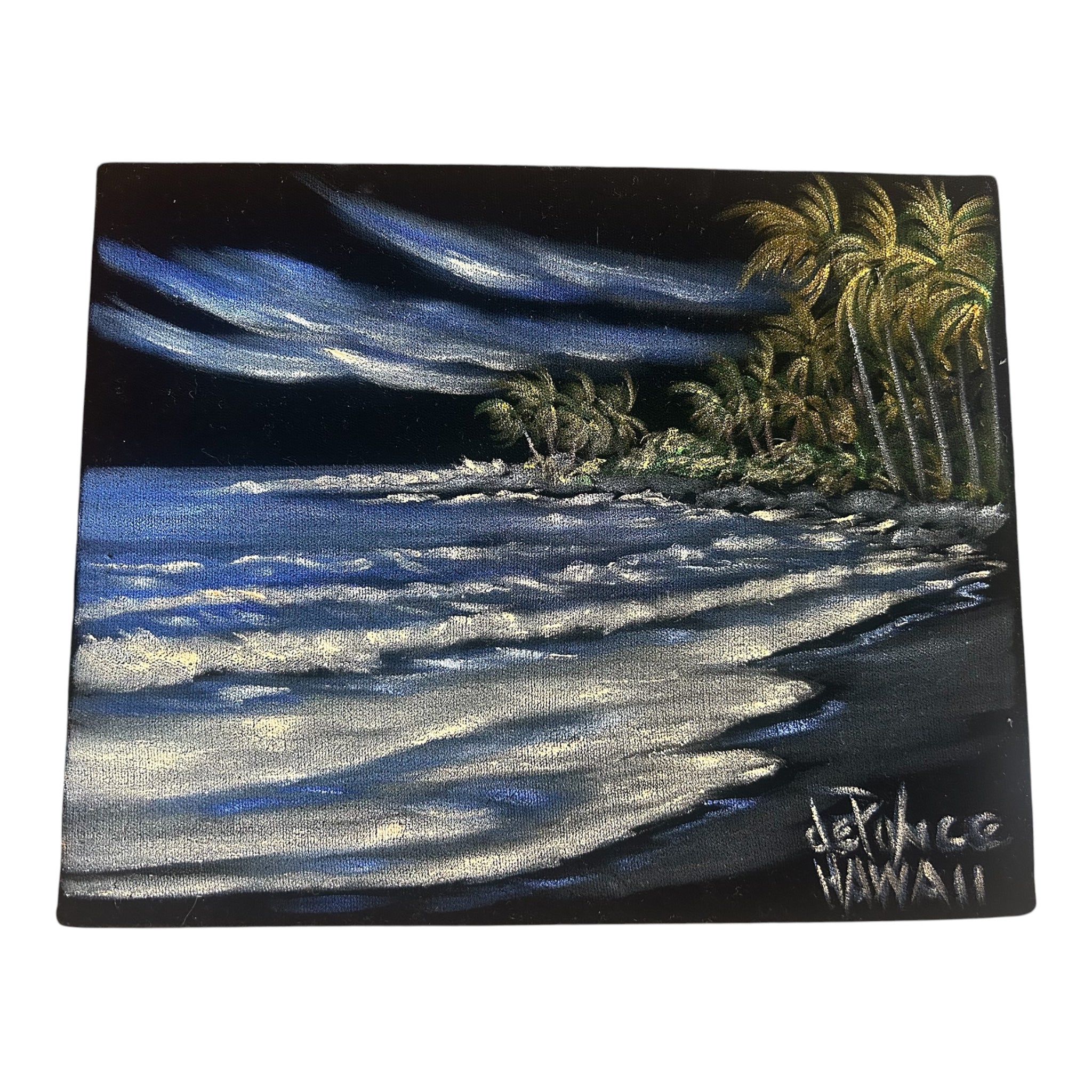 Original John L. De Ponce "Kalapana Kaimu Black Sands" Signed Velvet Painting with COA (10" x 8"