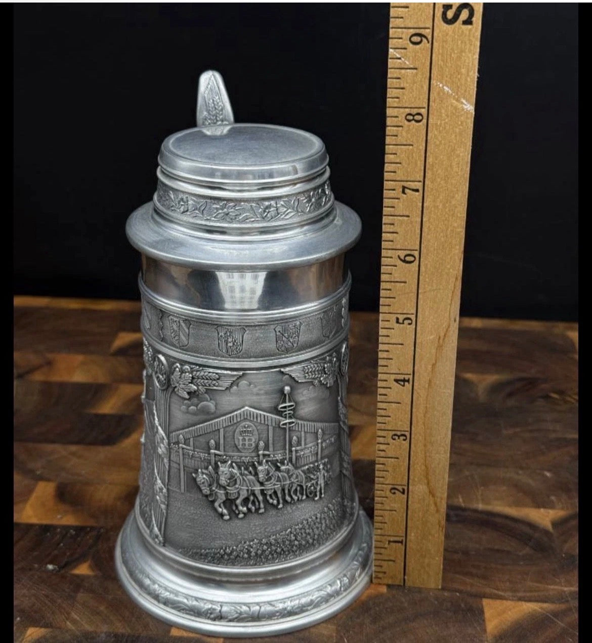 Frieling Zinn Vintage German Pewter Beer Stein | Lidded | Bavarian Coat of Arms | Hofbräuhaus Wagon | 8" | 95% Rein Zinn